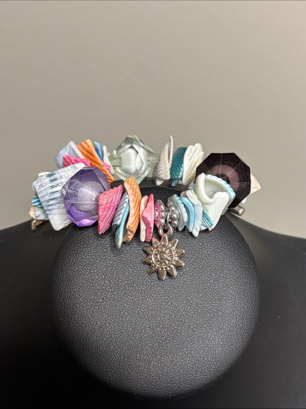 Multicolor Shell & Bead Sun Charm Stretch Colorful Beach Bracelet